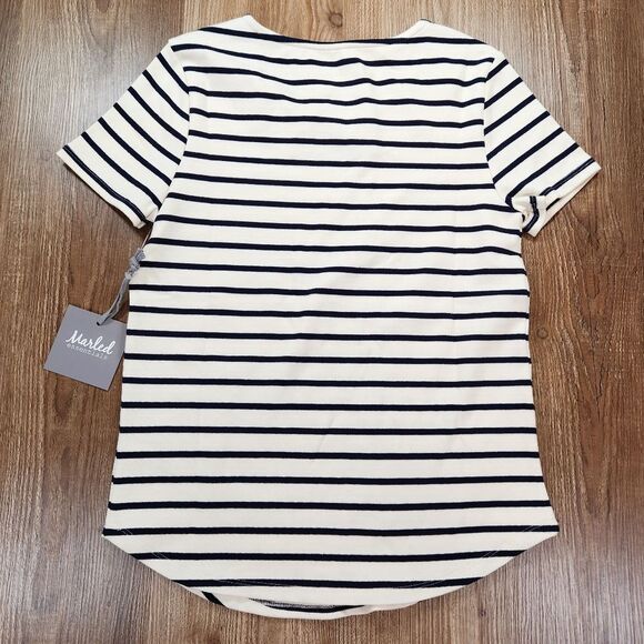 🔸️NWT Marled Ivory & Navy Stripe Short Sleeve Top XSmall - Picture 2 of 6